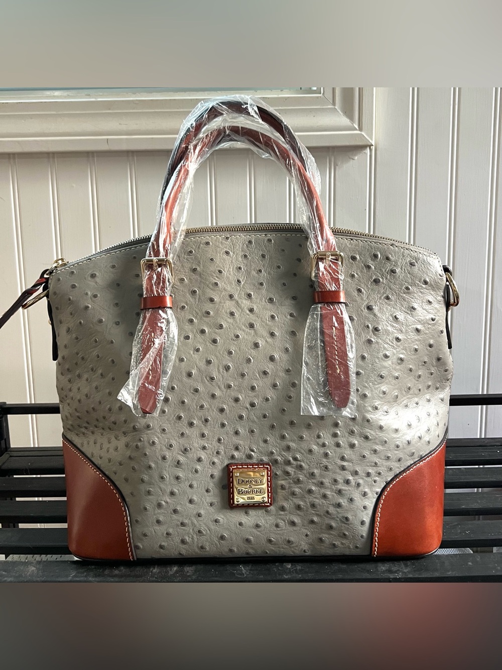 Dooney & Bourke Ostrich Domed Zip Zip Satchel in Grey NWT - Picture 2 of 9